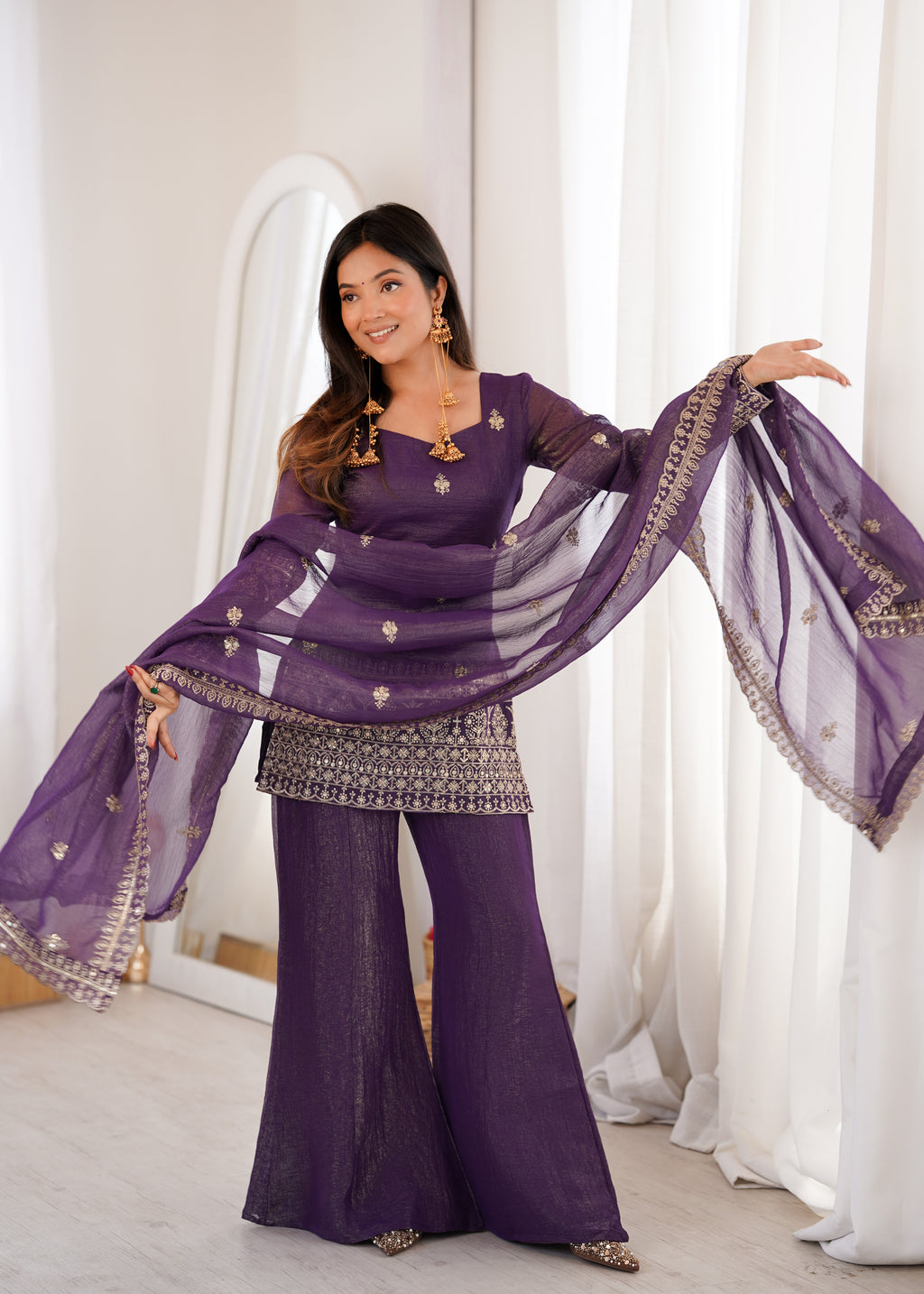 Crunchy Silk Embroidered Kurta Dupatta Set | Bell Bottom Pant | VrindaaLuxe