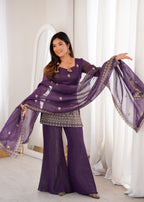 Crunchy Silk Embroidered Kurta Dupatta Set | Bell Bottom Pant | VrindaaLuxe