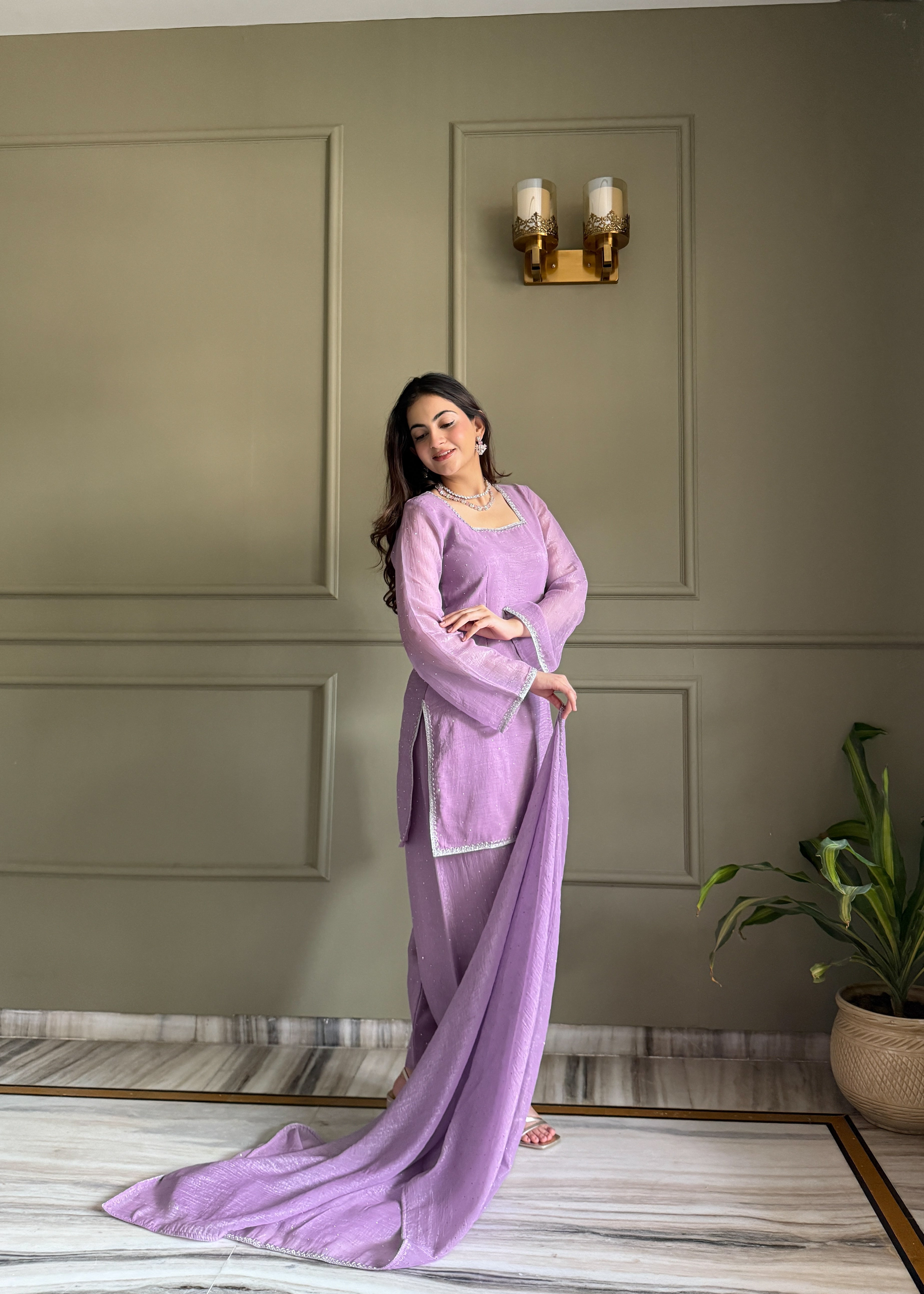Crunchy Silk Swarovski Work Farshi Salwar Suit Set | Eid Special | Top, Salwar & Dupatta