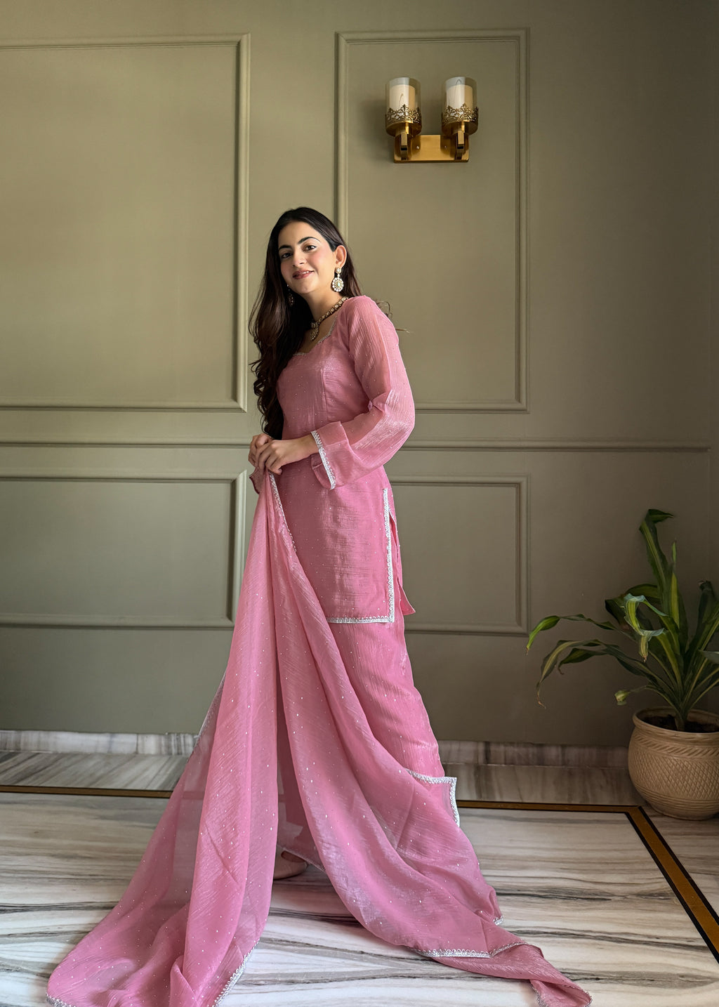 Crunchy Silk Swarovski Work Farshi Salwar Suit Set | Eid Special | Top, Salwar & Dupatta