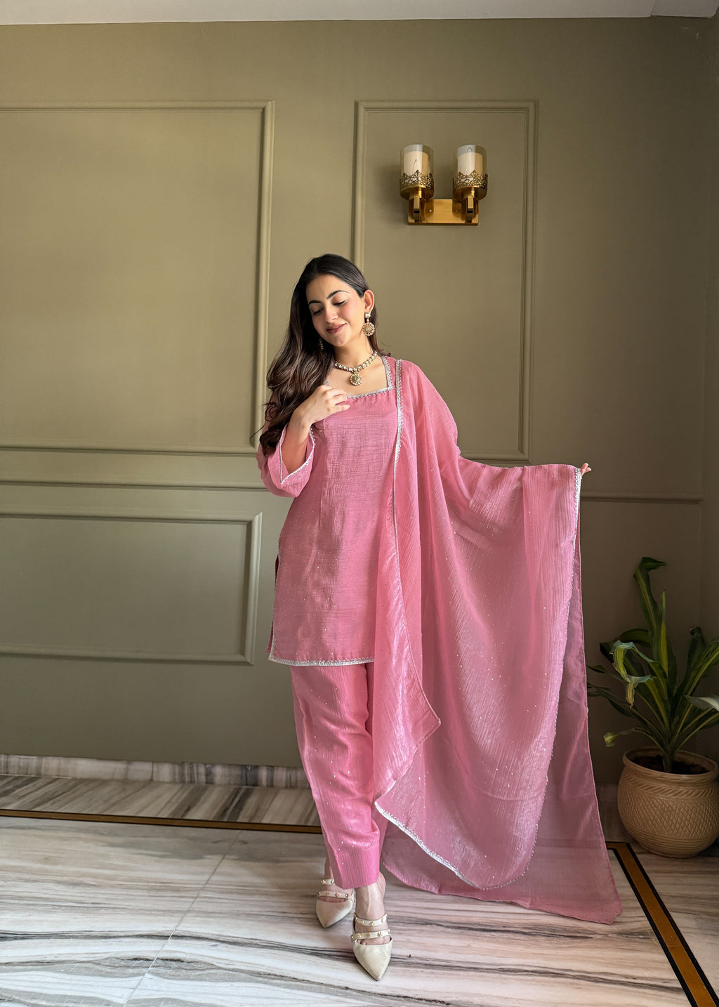 Crunchy Silk Swarovski Work Farshi Salwar Suit Set | Eid Special | Top, Salwar & Dupatta