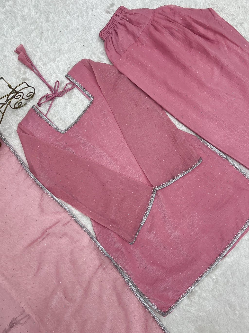 Crunchy Silk Swarovski Work Farshi Salwar Suit Set | Eid Special | Top, Salwar & Dupatta