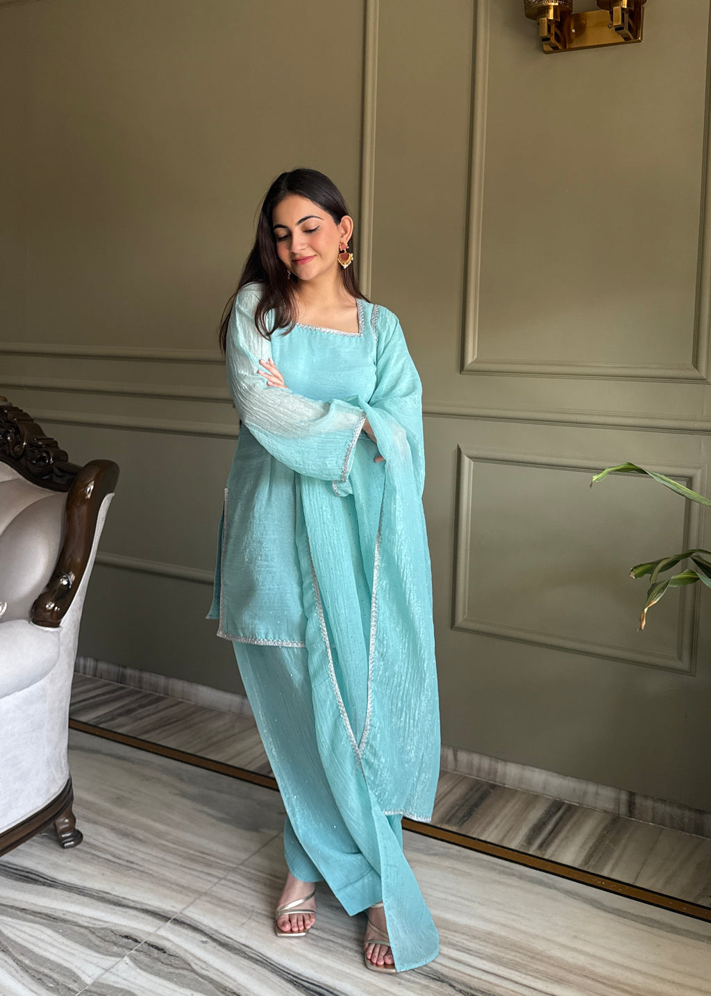 Crunchy Silk Swarovski Work Farshi Salwar Suit Set | Eid Special | Top, Salwar & Dupatta