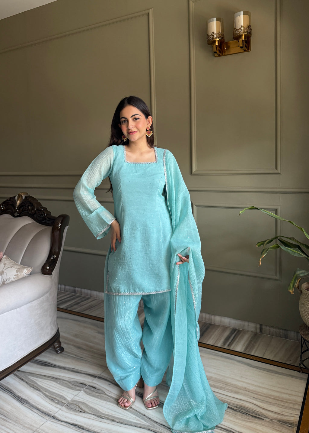 Crunchy Silk Swarovski Work Farshi Salwar Suit Set | Eid Special | Top, Salwar & Dupatta