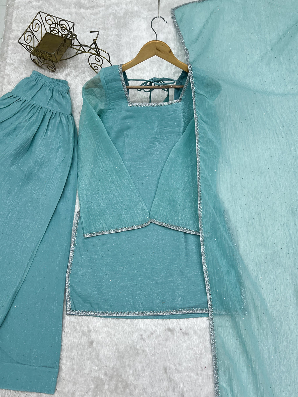 Crunchy Silk Swarovski Work Farshi Salwar Suit Set | Eid Special | Top, Salwar & Dupatta