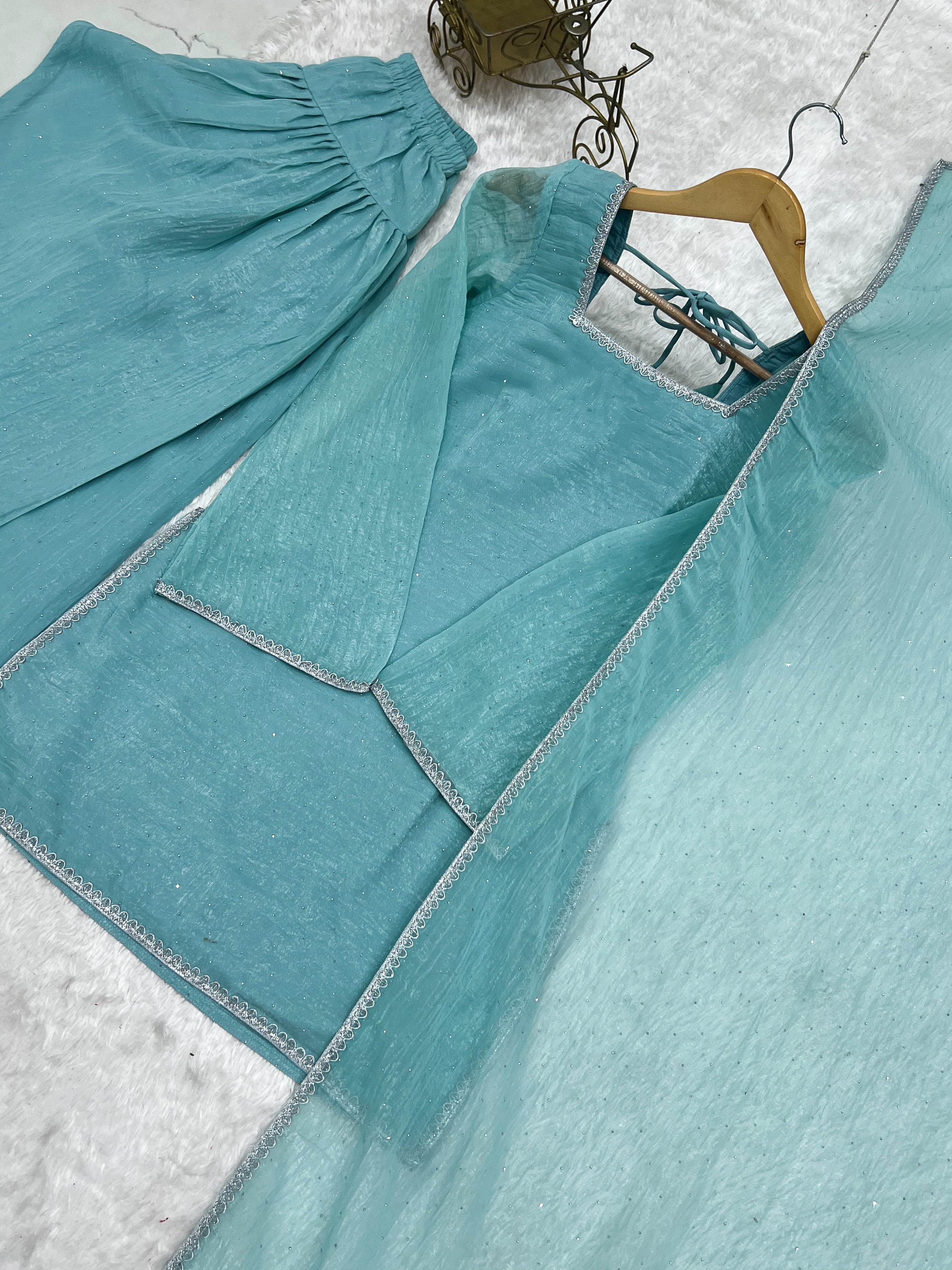 Crunchy Silk Swarovski Work Farshi Salwar Suit Set | Eid Special | Top, Salwar & Dupatta