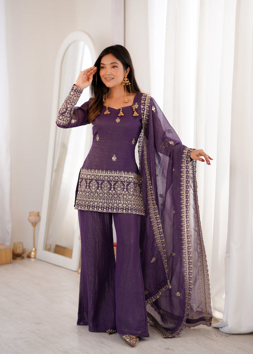 Crunchy Silk Embroidered Kurta Dupatta Set | Bell Bottom Pant | VrindaaLuxe
