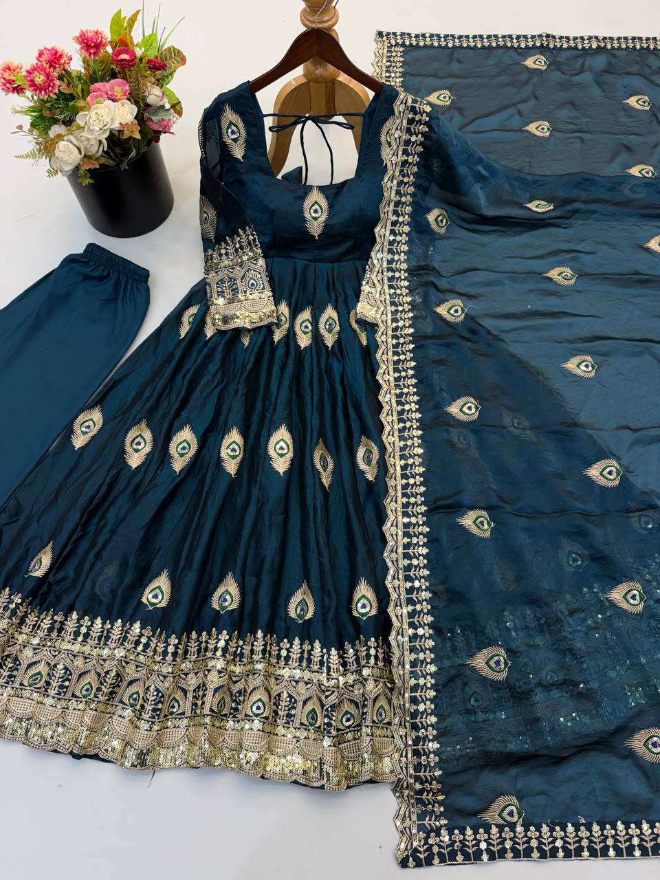Fendy Silk Gown Set | Sequin Embroidered Dupatta | VrindaaLuxe