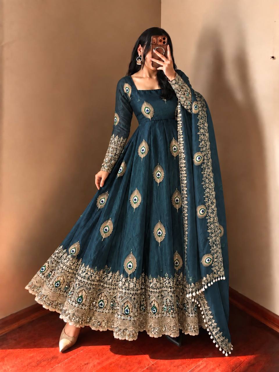 Fendy Silk Gown Set | Sequin Embroidered Dupatta | VrindaaLuxe