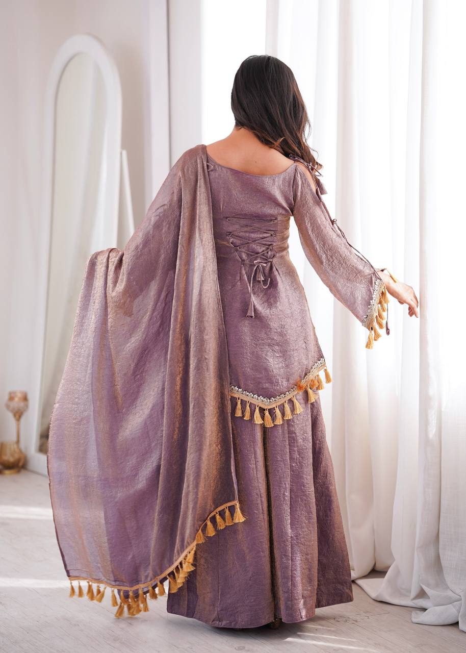 Doremon Crush Mirror Work Top Palazzo Set | Lace Border Dupatta