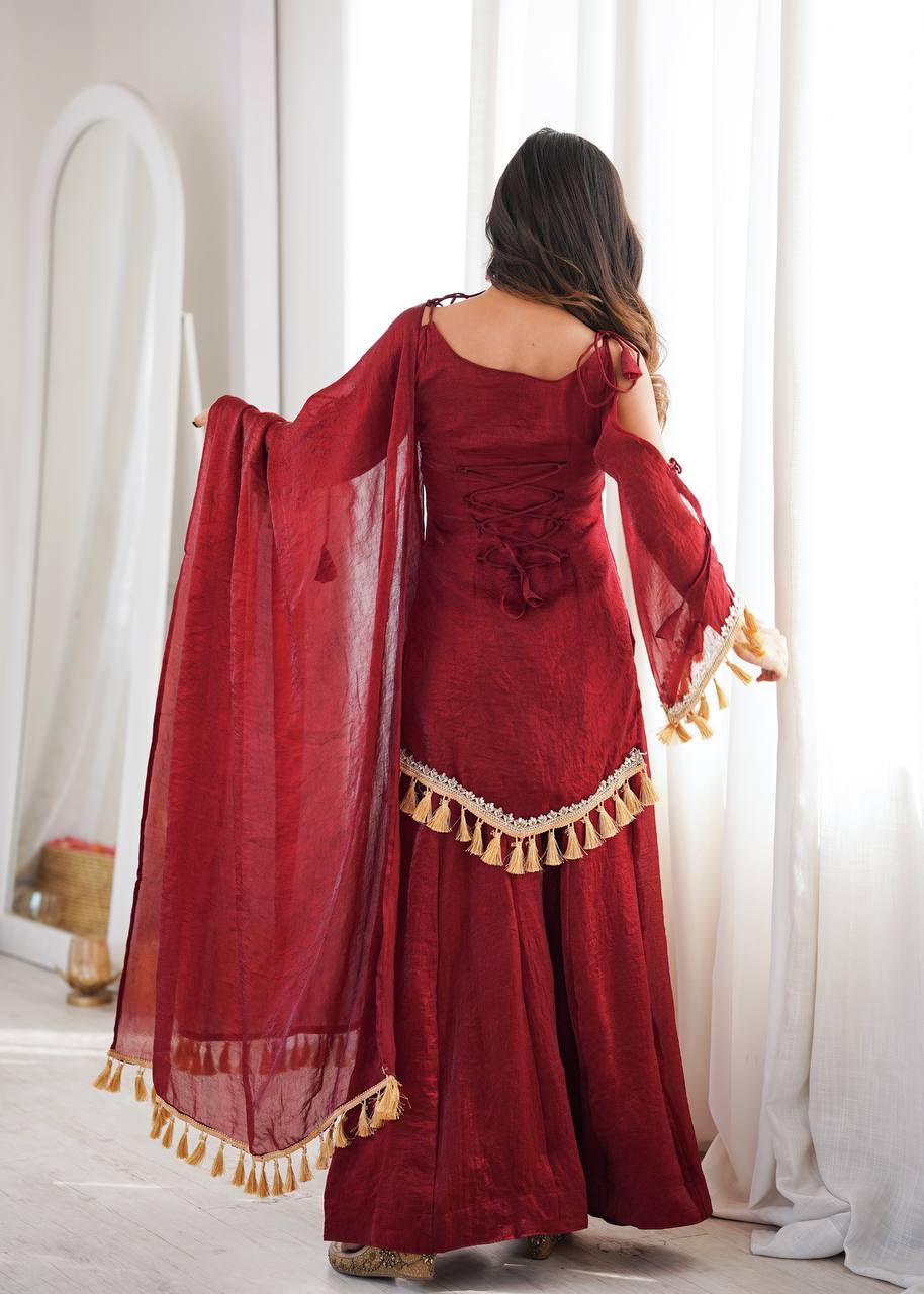 Doremon Crush Mirror Work Top Palazzo Set | Lace Border Dupatta