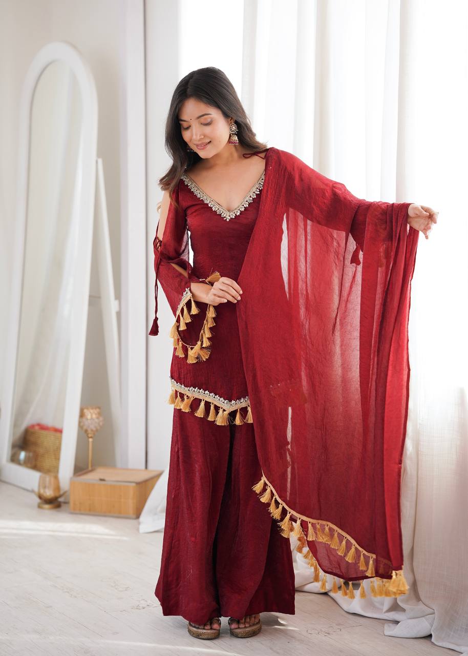 Doremon Crush Mirror Work Top Palazzo Set | Lace Border Dupatta