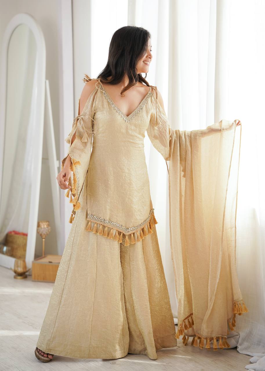 Doremon Crush Mirror Work Top Palazzo Set | Lace Border Dupatta