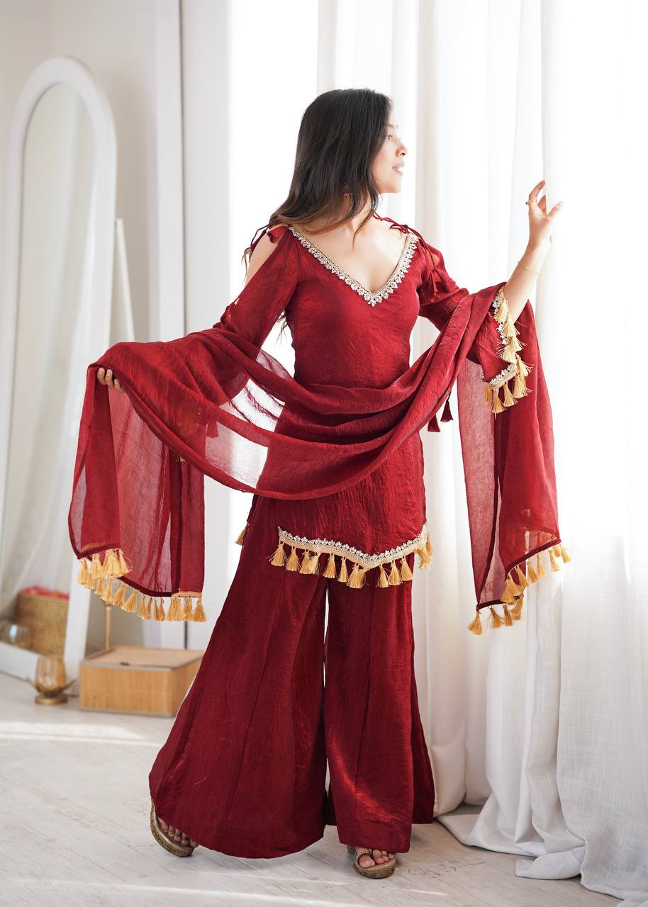 Doremon Crush Mirror Work Top Palazzo Set | Lace Border Dupatta