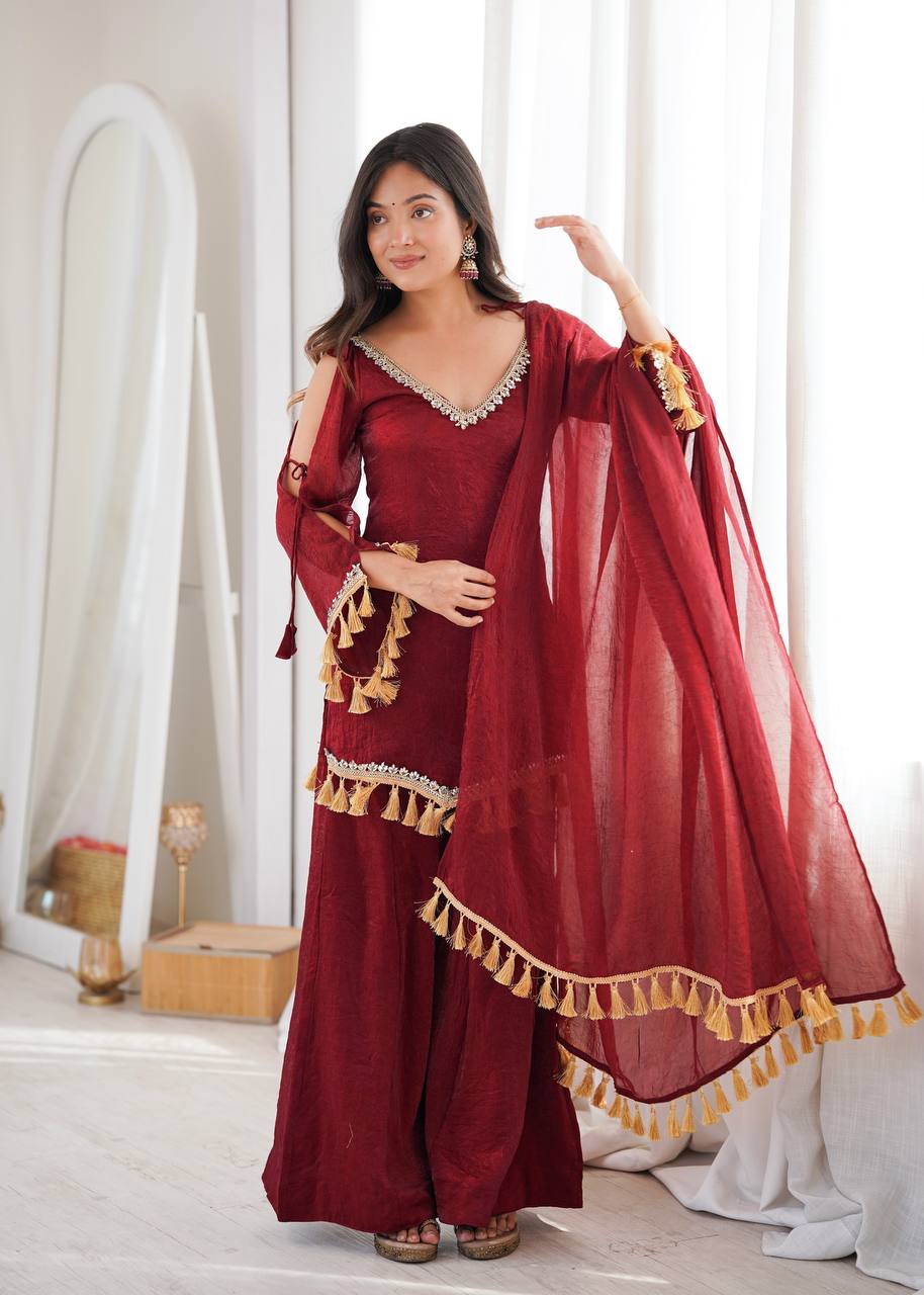 Doremon Crush Mirror Work Top Palazzo Set | Lace Border Dupatta