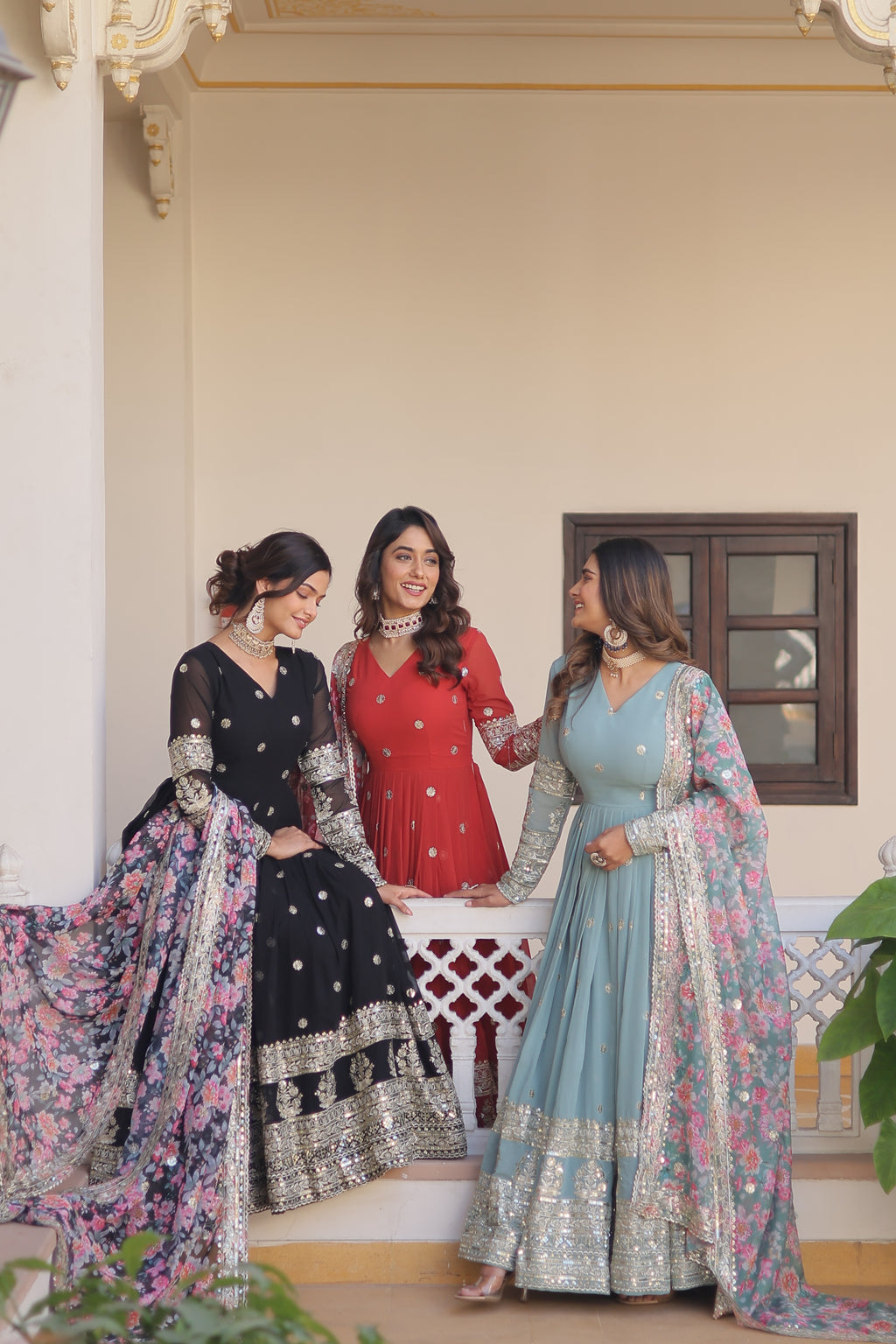 Embroidered Faux Georgette Designer Gown with Dupatta