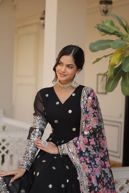 Embroidered Faux Georgette Designer Gown with Dupatta