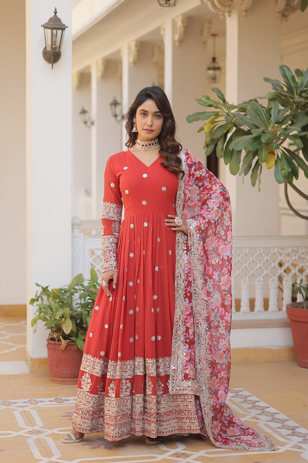 Embroidered Faux Georgette Designer Gown with Dupatta