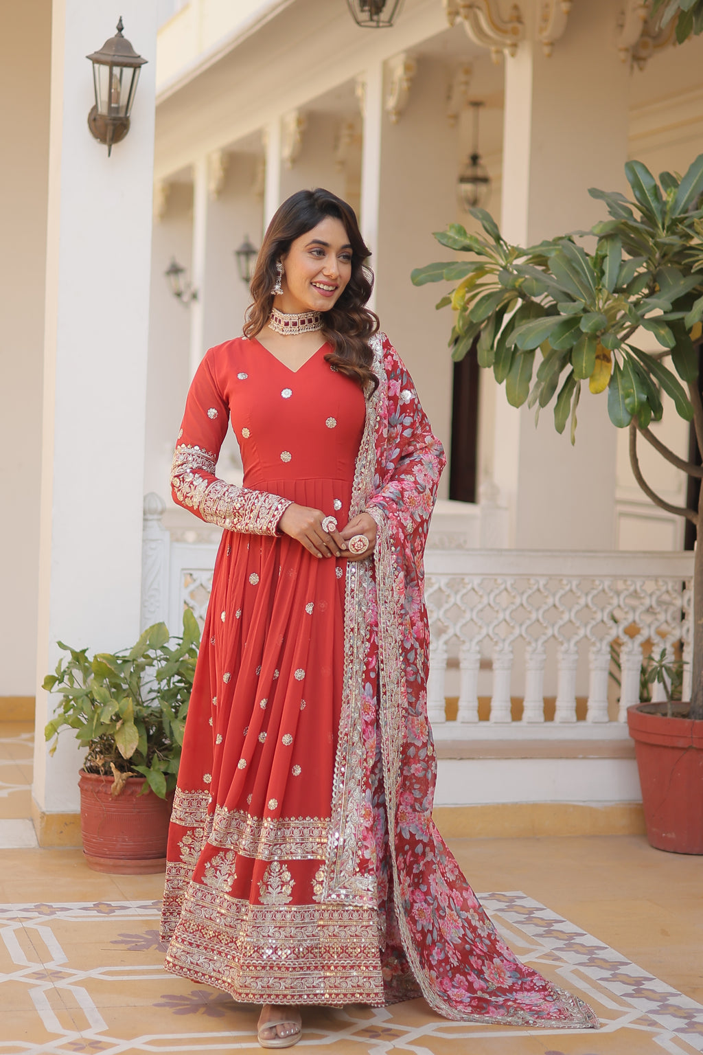 Embroidered Faux Georgette Designer Gown with Dupatta