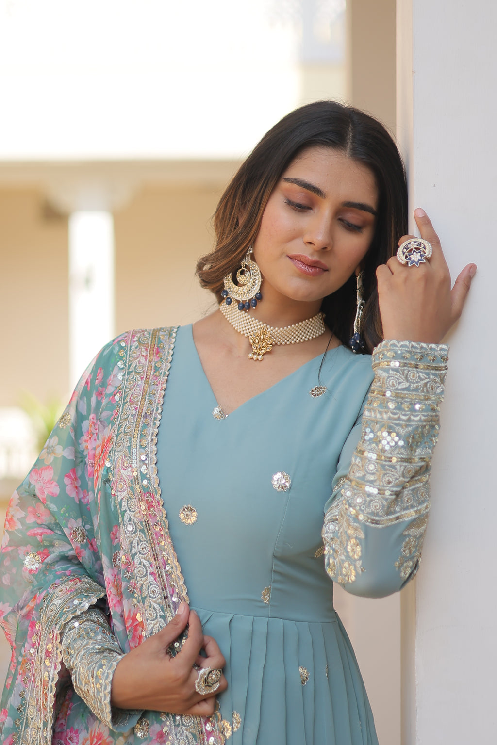 Embroidered Faux Georgette Designer Gown with Dupatta