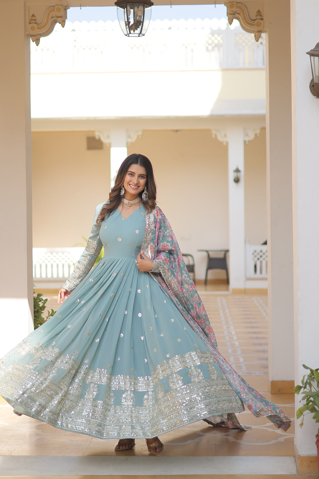 Embroidered Faux Georgette Designer Gown with Dupatta