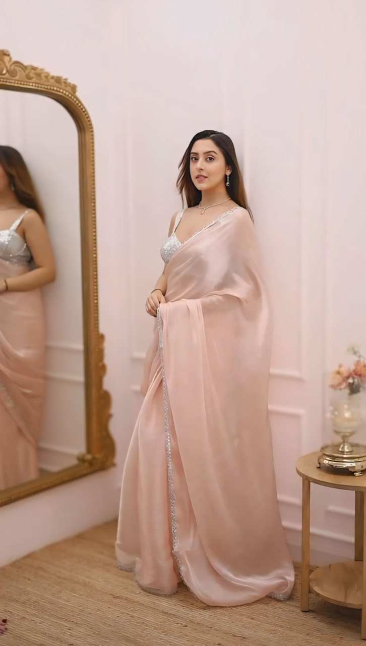 Soft Georgette Ready To Wear Saree | Border Lace Work | Embroidered Blouse