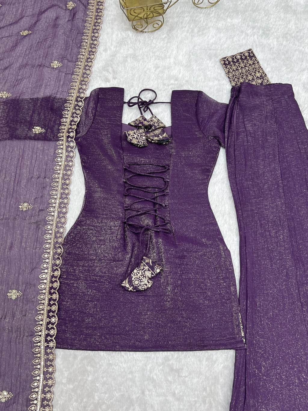 Crunchy Silk Embroidered Kurta Dupatta Set | Bell Bottom Pant | VrindaaLuxe