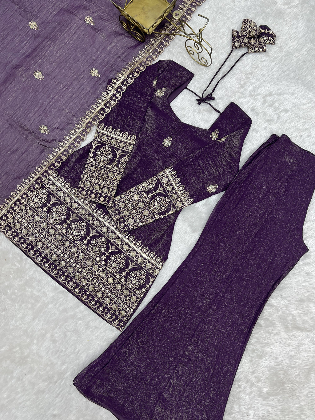 Crunchy Silk Embroidered Kurta Dupatta Set | Bell Bottom Pant | VrindaaLuxe