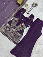 Crunchy Silk Embroidered Kurta Dupatta Set | Bell Bottom Pant | VrindaaLuxe