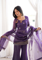 Crunchy Silk Embroidered Kurta Dupatta Set | Bell Bottom Pant | VrindaaLuxe