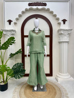 Salsa Crushed Hand Work Shirt Shrug Pant Co-ord Set | VrindaaLuxe