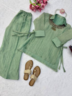 Salsa Crushed Hand Work Shirt Shrug Pant Co-ord Set | VrindaaLuxe