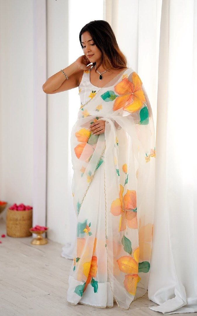 Organza Silk Printed & Handwork Ready To Wear Saree | Stitched Blouse | Multi