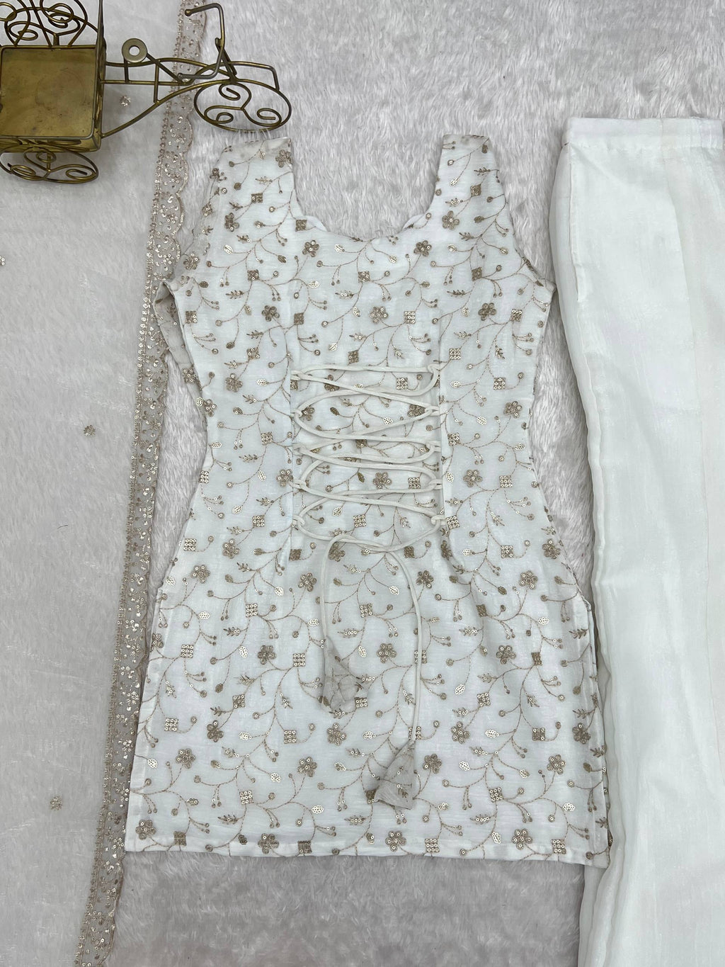 Off-White Crushed Silk Sequin Zari Kurta Set with Bell-Bottom — Festive Wear