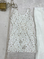 Off-White Crushed Silk Sequin Zari Kurta Set with Bell-Bottom — Festive Wear