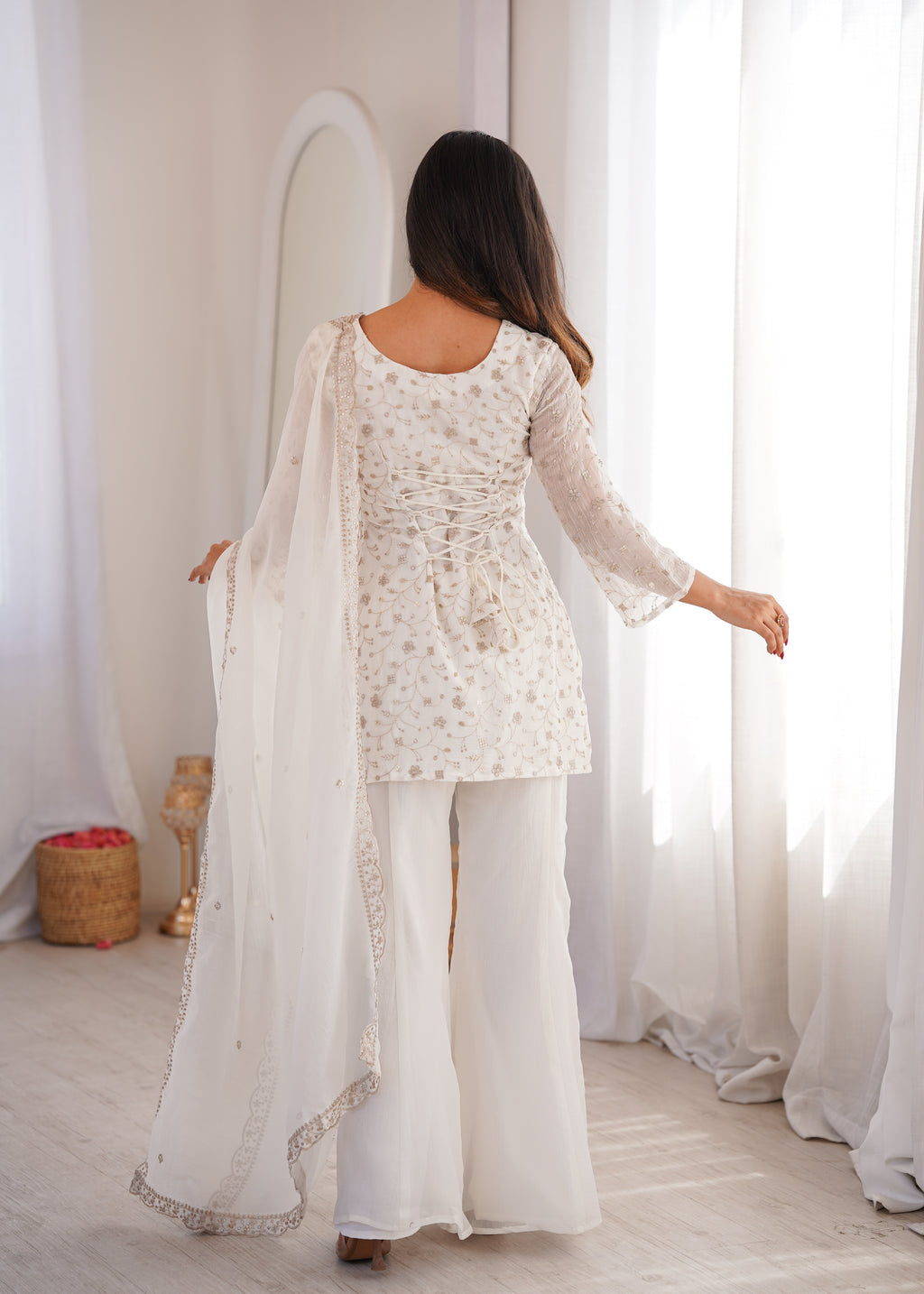 Off-White Crushed Silk Sequin Zari Kurta Set with Bell-Bottom — Festive Wear