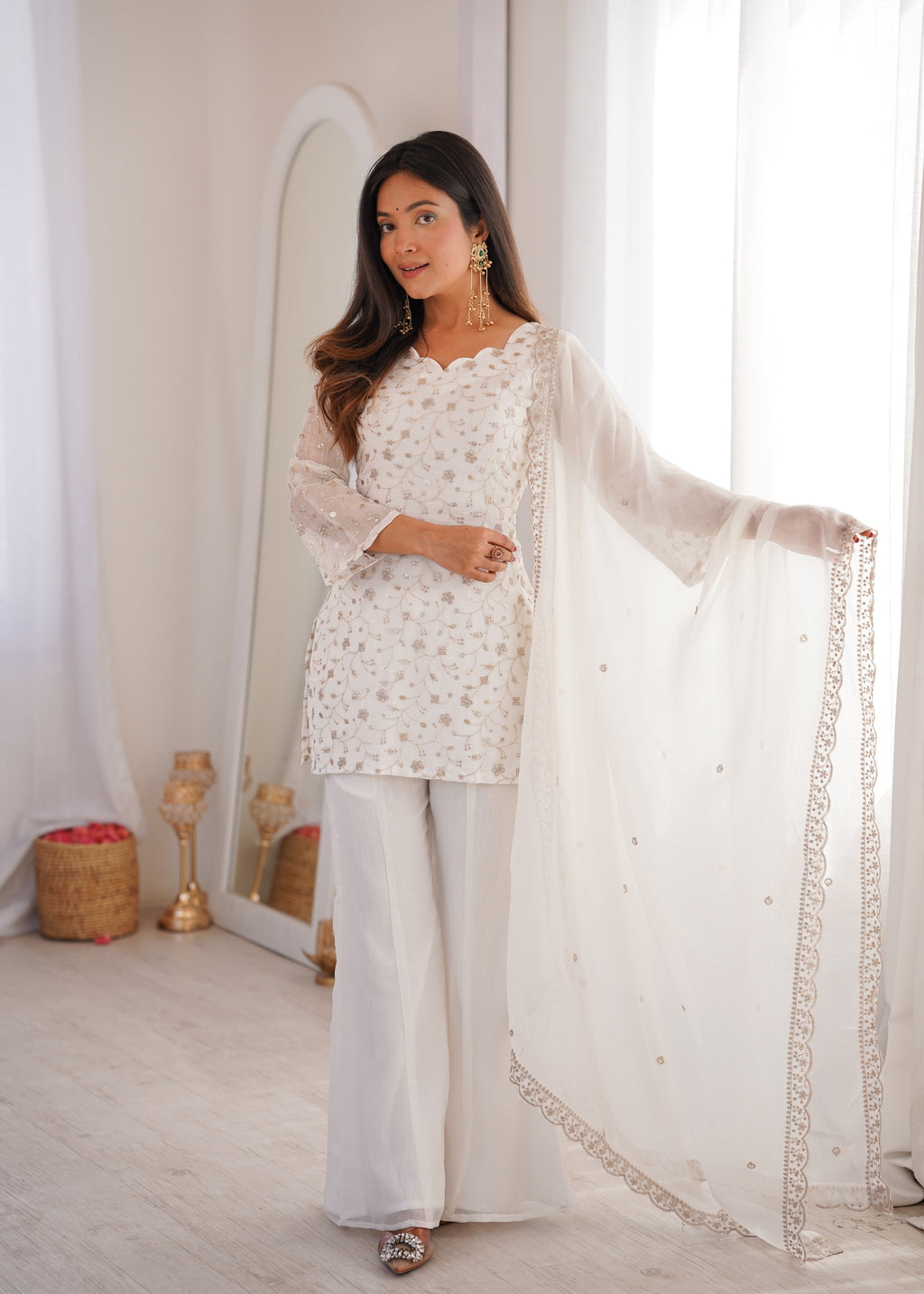 Off-White Crushed Silk Sequin Zari Kurta Set with Bell-Bottom — Festive Wear