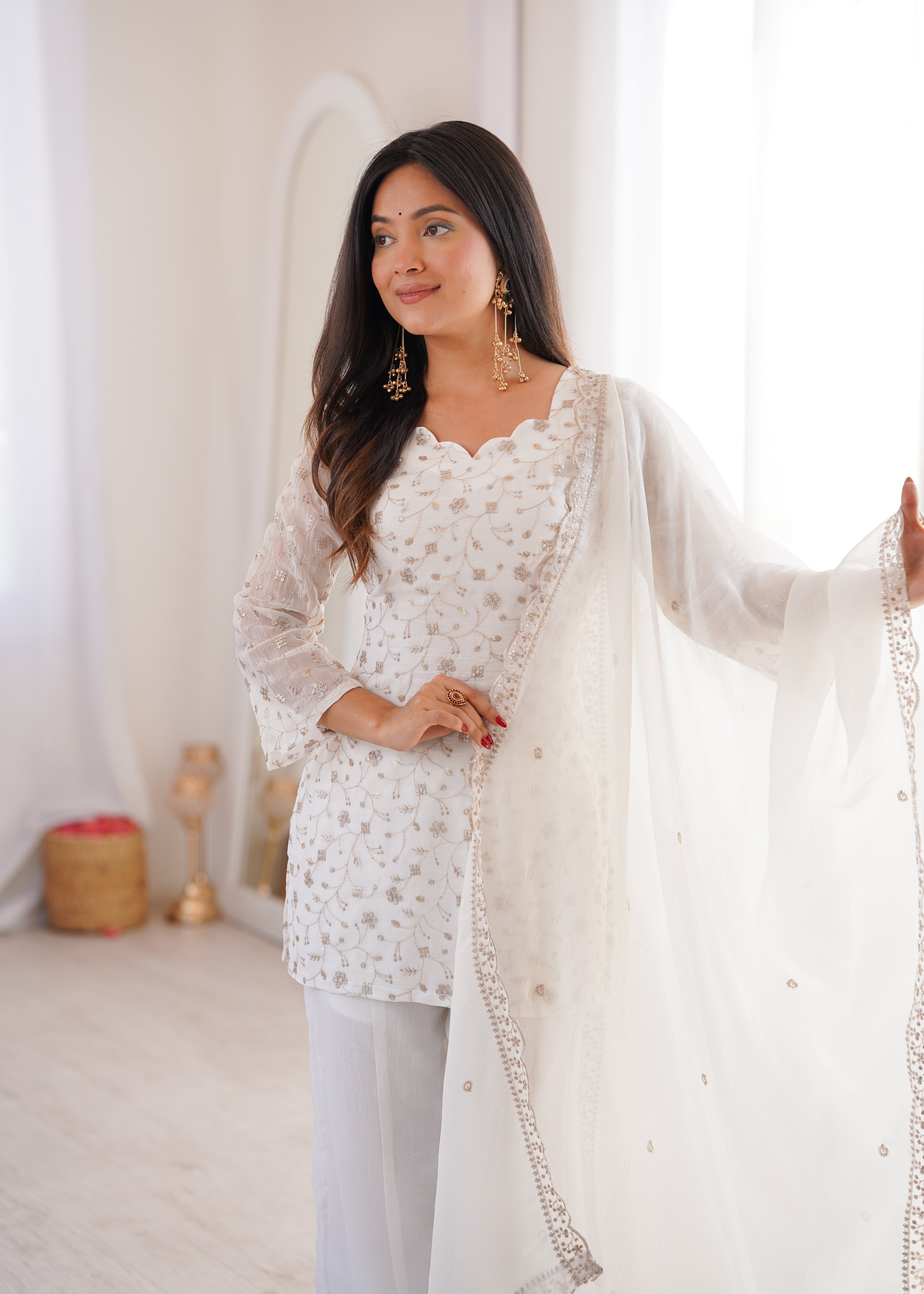 Off-White Crushed Silk Sequin Zari Kurta Set with Bell-Bottom — Festive Wear
