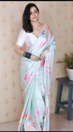 Ivory white satin silk printed ready-to-wear saree for festive occasions – VrindaaLuxe