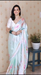 Ivory white satin silk printed ready-to-wear saree for festive occasions – VrindaaLuxe