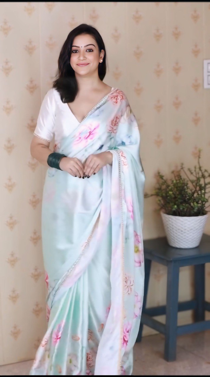 Ivory white satin silk printed ready-to-wear saree for festive occasions – VrindaaLuxe