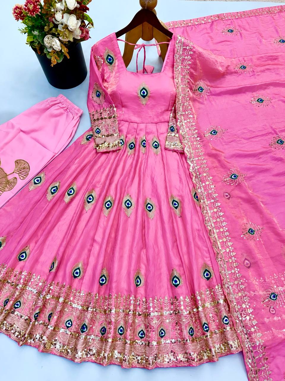 Fendy Silk Gown Set | Sequin Embroidered Dupatta | VrindaaLuxe