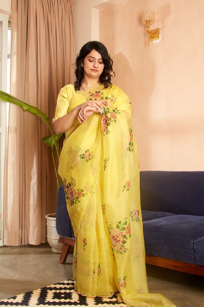 Organza Silk Printed Handwork Ready To Wear Saree | Festive
