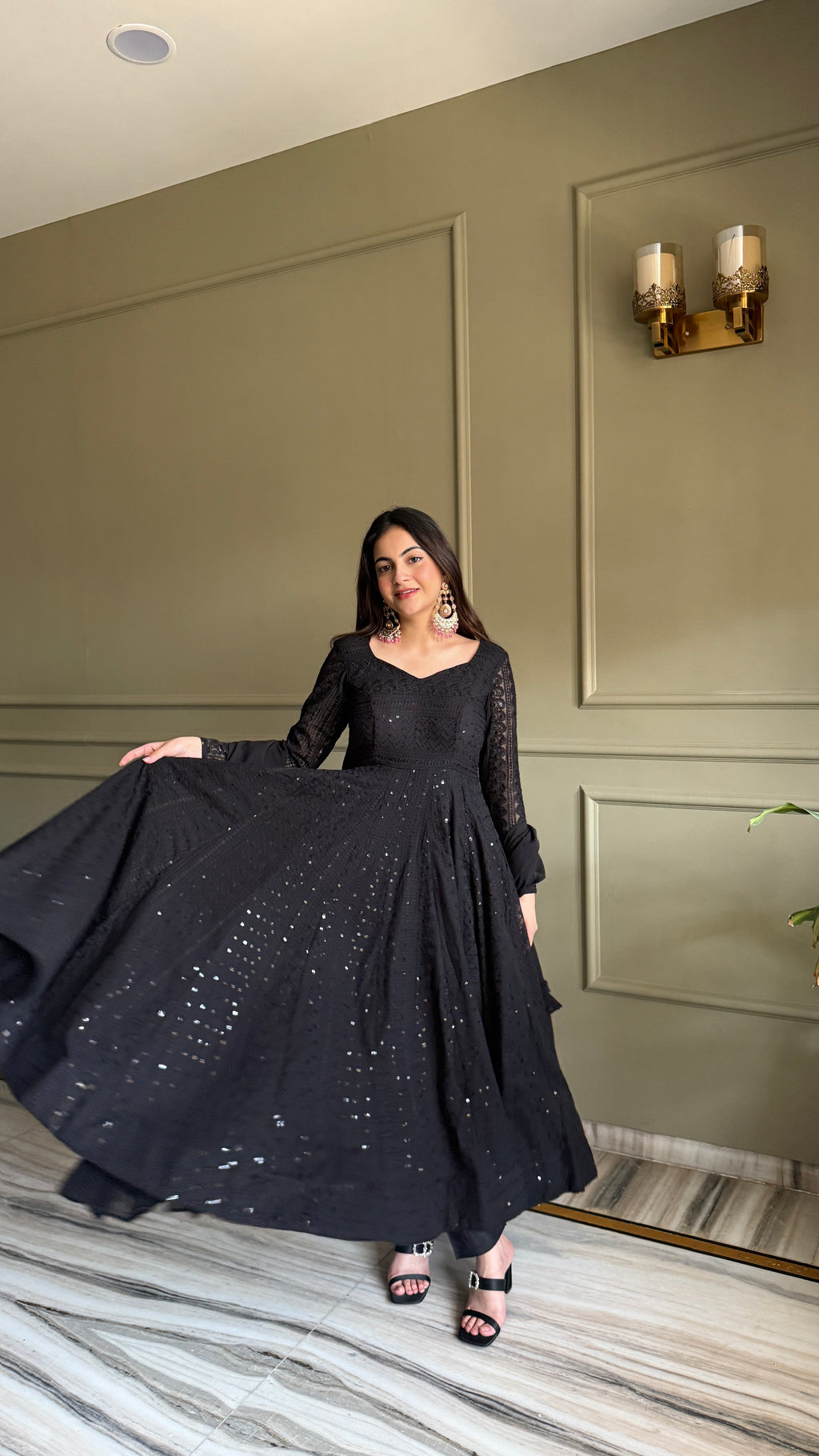 Lucknowi Georgette Anarkali Suit Set | Sequin & Thread Work with Dupatta & Pant