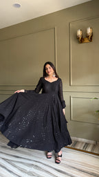 Lucknowi Georgette Anarkali Suit Set | Sequin & Thread Work with Dupatta & Pant