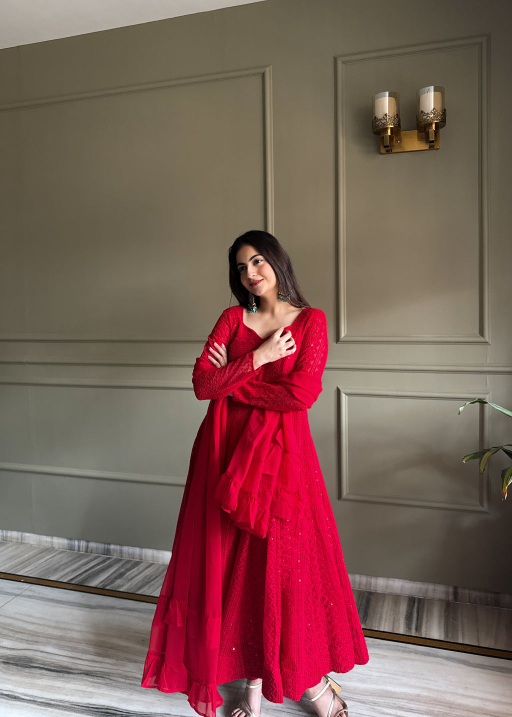 Lucknowi Georgette Anarkali Suit Set | Sequin & Thread Work with Dupatta & Pant