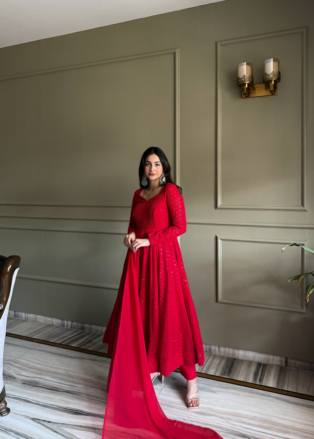 Lucknowi Georgette Anarkali Suit Set | Sequin & Thread Work with Dupatta & Pant