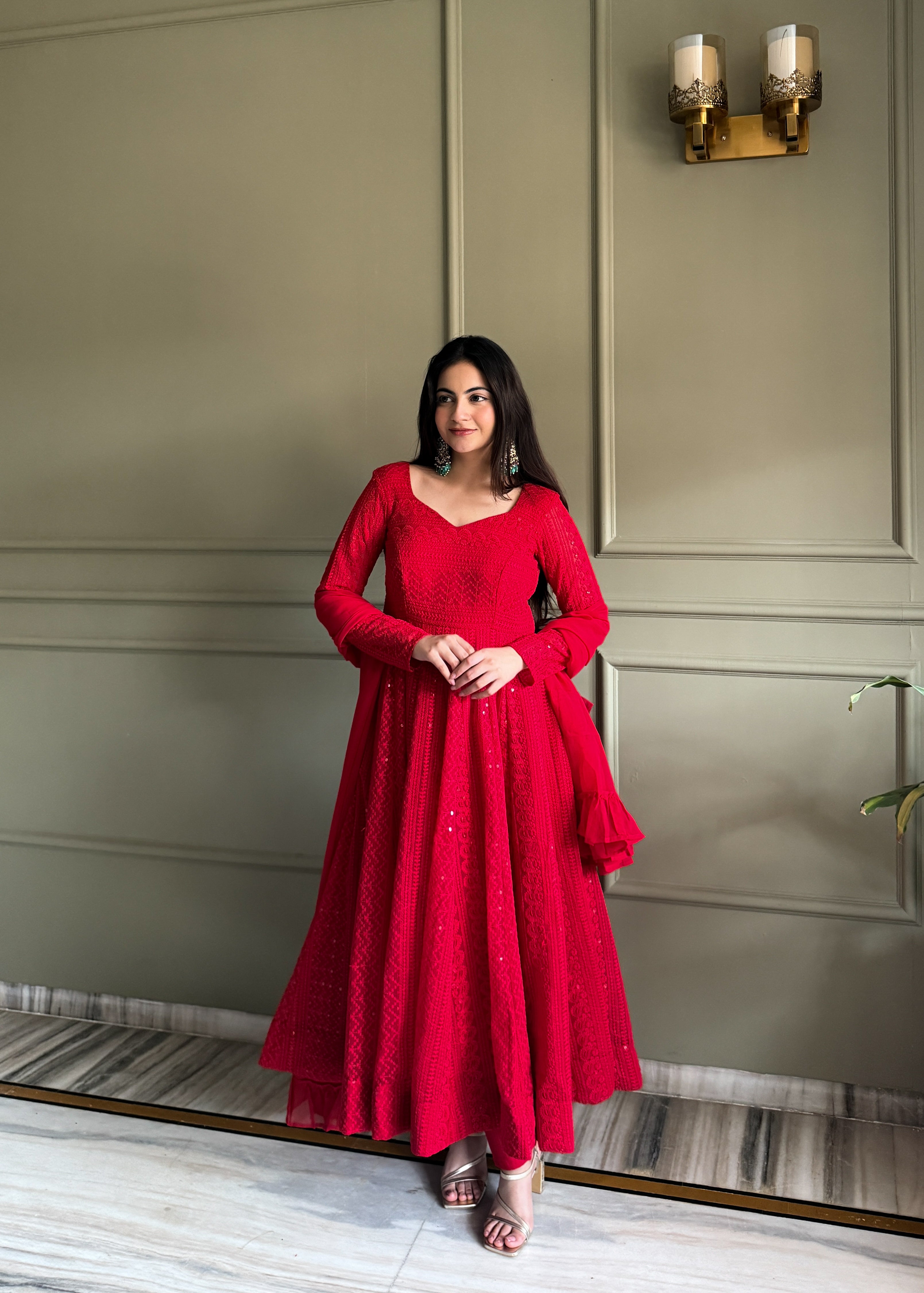 Lucknowi Georgette Anarkali Suit Set | Sequin & Thread Work with Dupatta & Pant