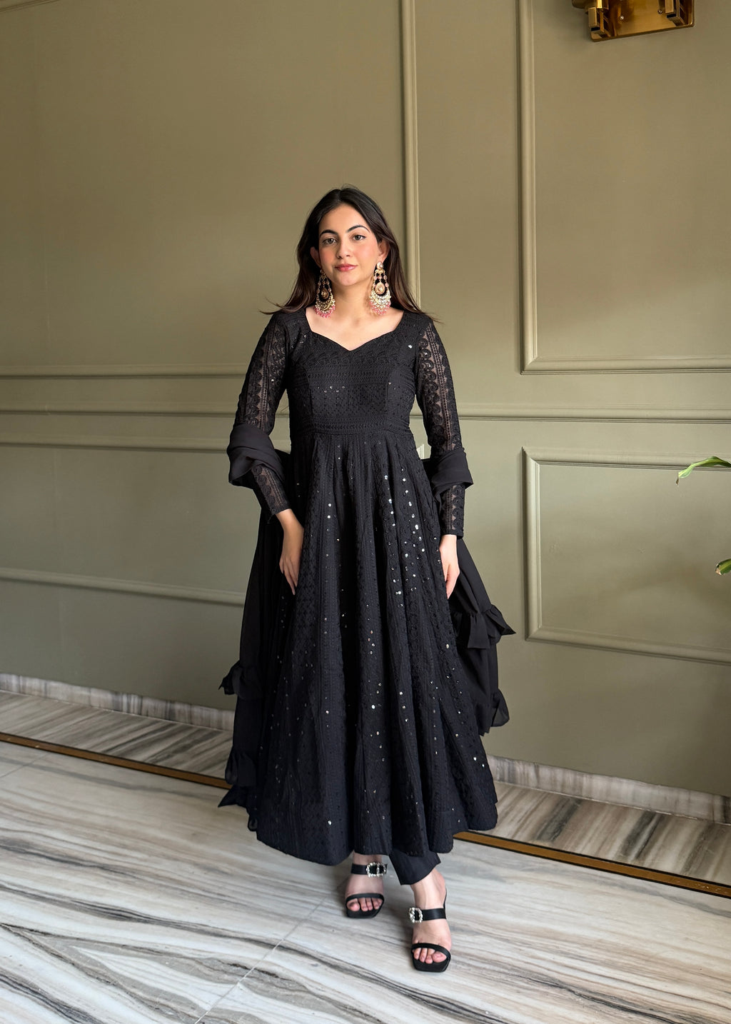 Lucknowi Georgette Anarkali Suit Set | Sequin & Thread Work with Dupatta & Pant