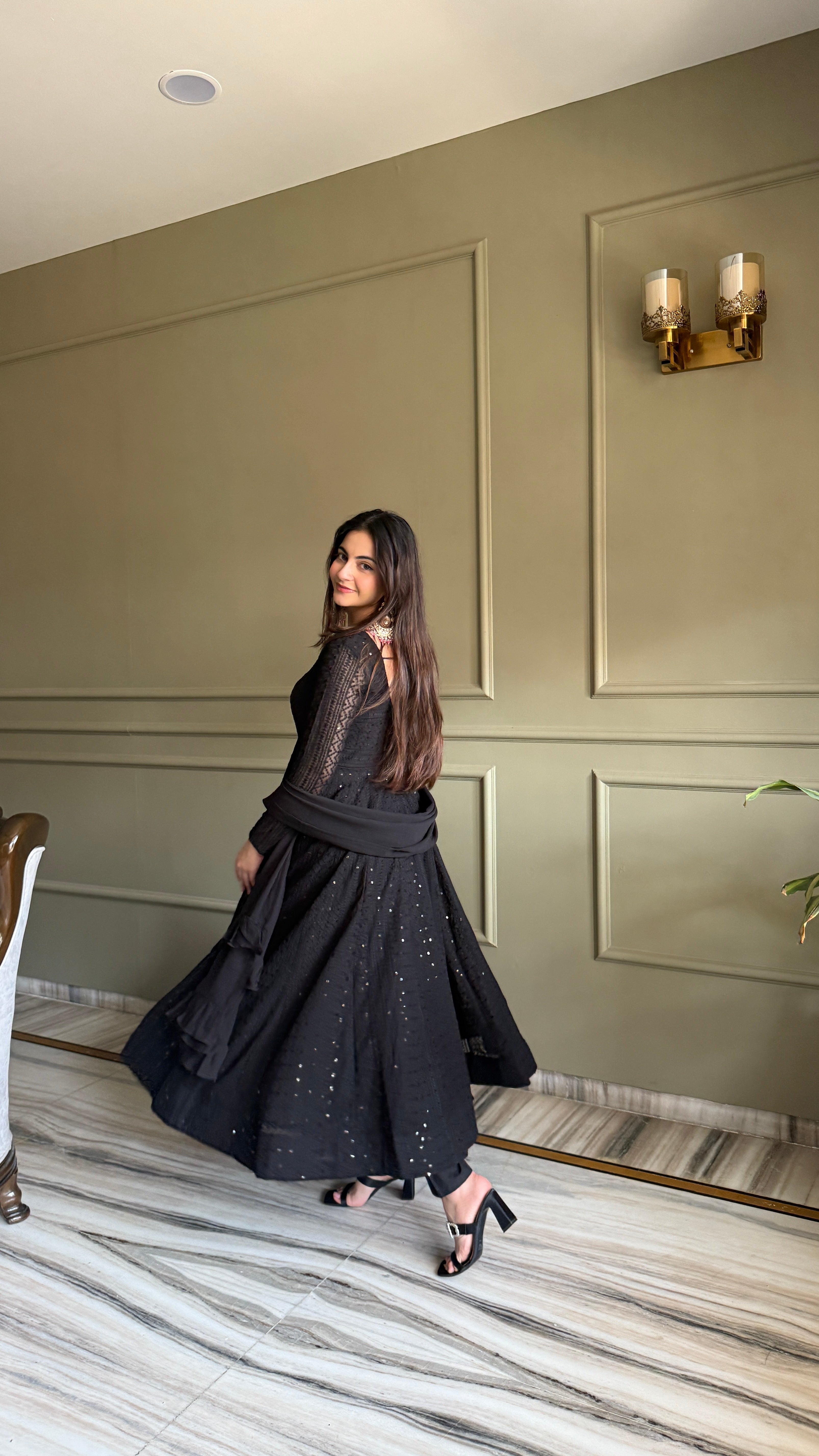 Lucknowi Georgette Anarkali Suit Set | Sequin & Thread Work with Dupatta & Pant